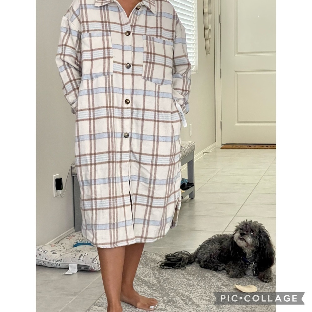 SALE!! Ivory, Baby Blue, & Tan Plaid Coat - Picture 7 of 7